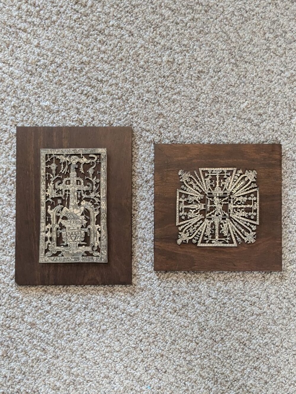 2 Vintage Mexican Folk Art Mixed Metal Wood Wall Plaques King Pakal Aztec Codex